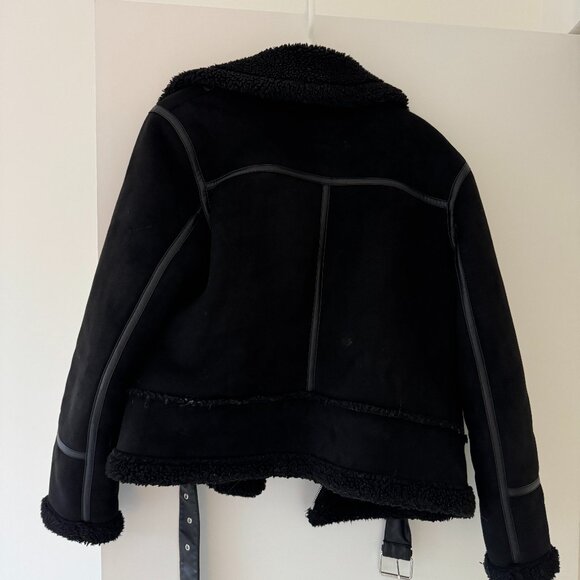 ZARA Faux Fur Shearling Double Faced Moto Jacket with Belt - Picture 2 of 3